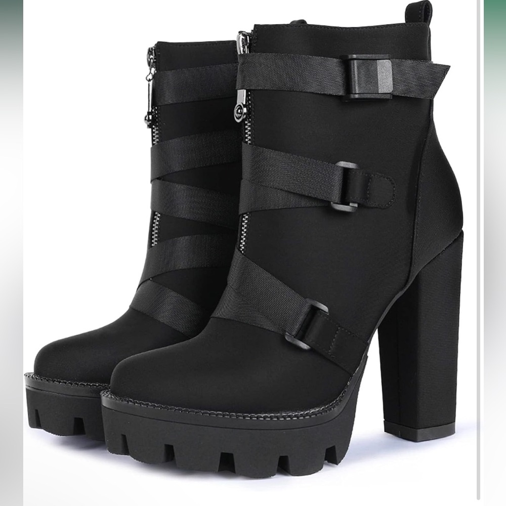 WetKiss Black Heeled Boots with Straps